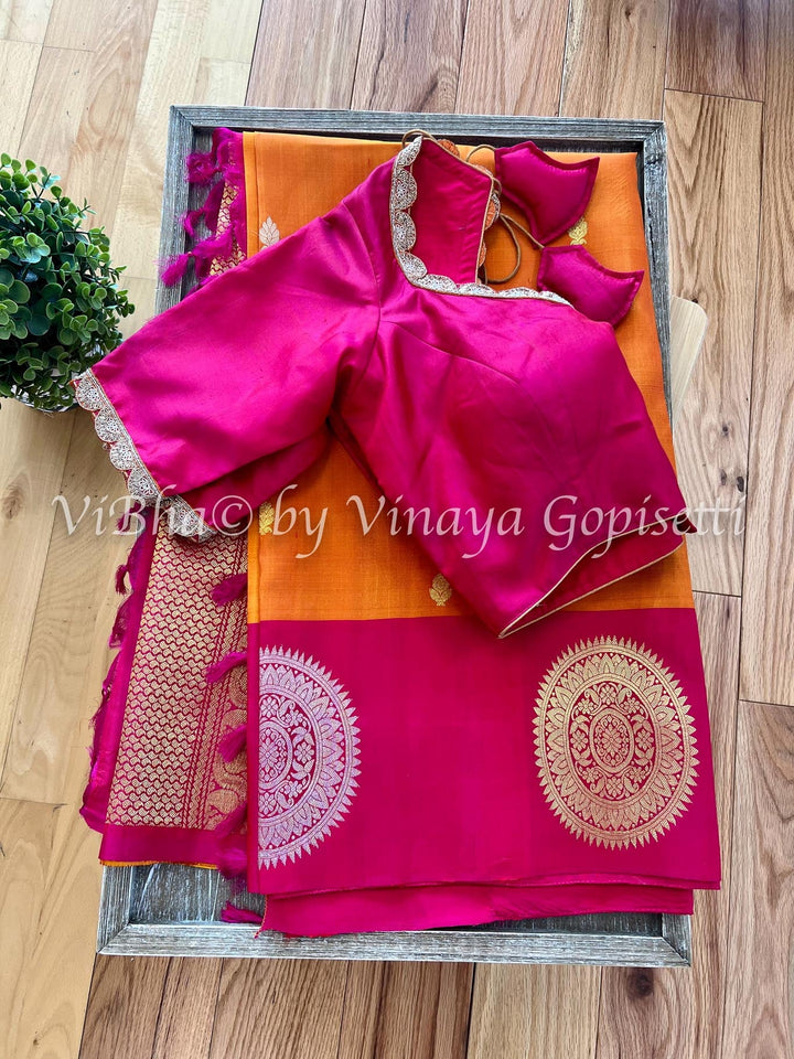 Sarees - Orangish Yellow & Dark Pink Kanchi Silk Saree