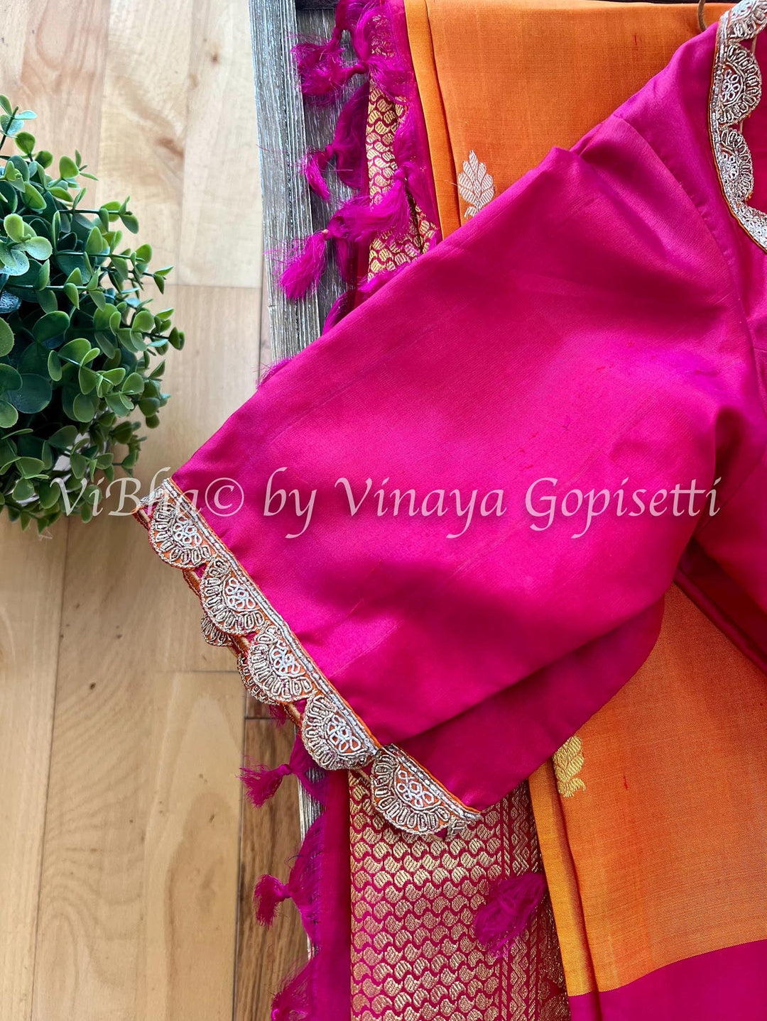 Sarees - Orangish Yellow & Dark Pink Kanchi Silk Saree
