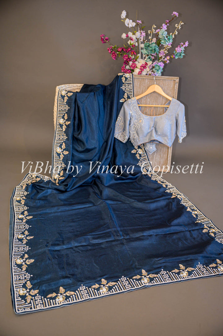 Sarees - Oxford Blue And Light Gray Embroidered Silk Saree And Blouse