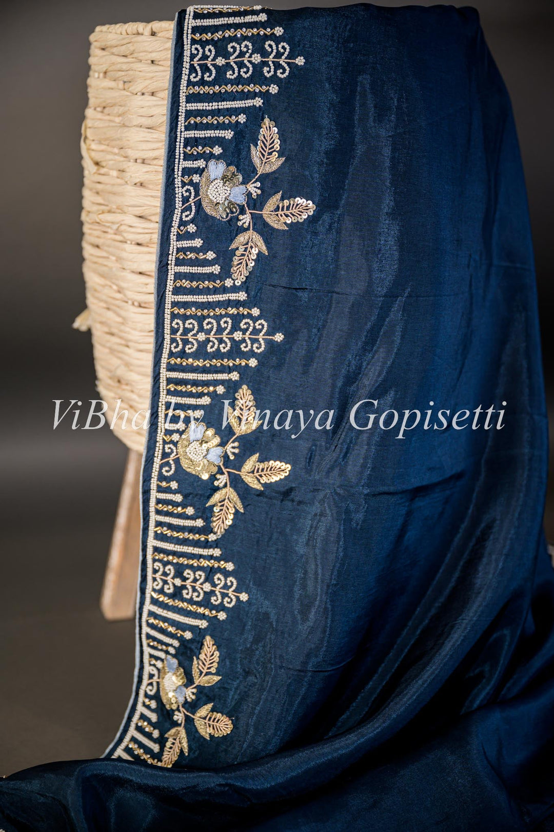 Sarees - Oxford Blue And Light Gray Embroidered Silk Saree And Blouse