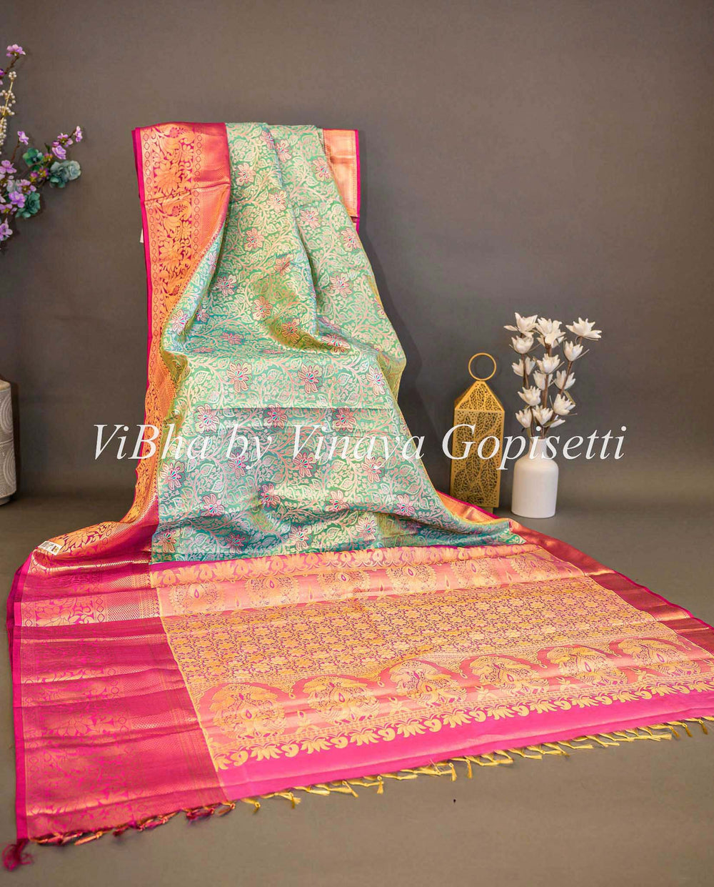 Sarees - Pastel Green And Rani Pink All Over Design Kanchi Silk Saree