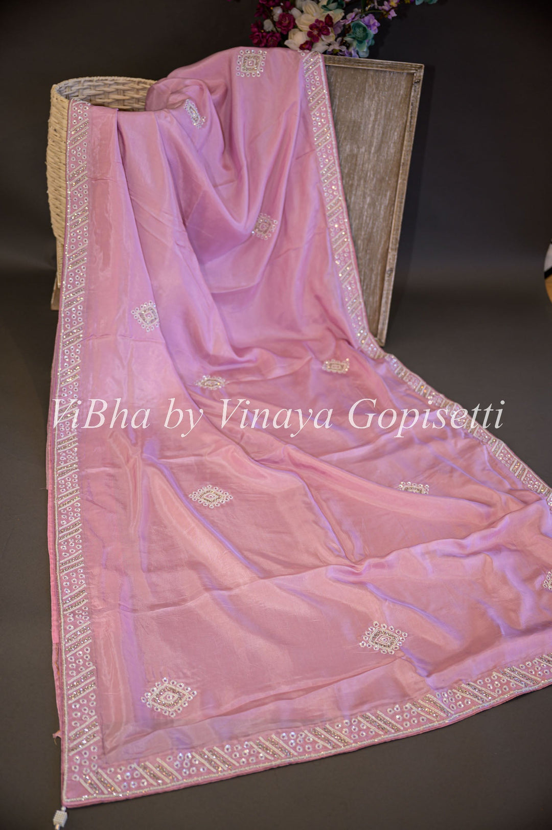 Sarees - Pastel Pink And Antique Fuschia Embroidered Saree And Blouse