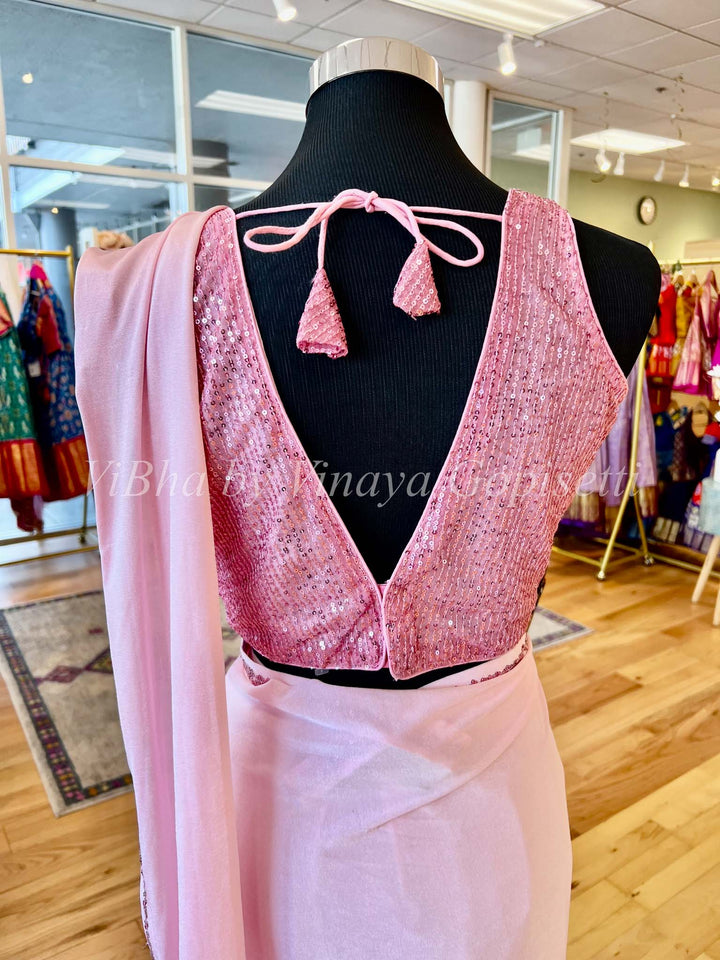 Sarees - Pink With Sequin Blouse Pre-Pleated Saree