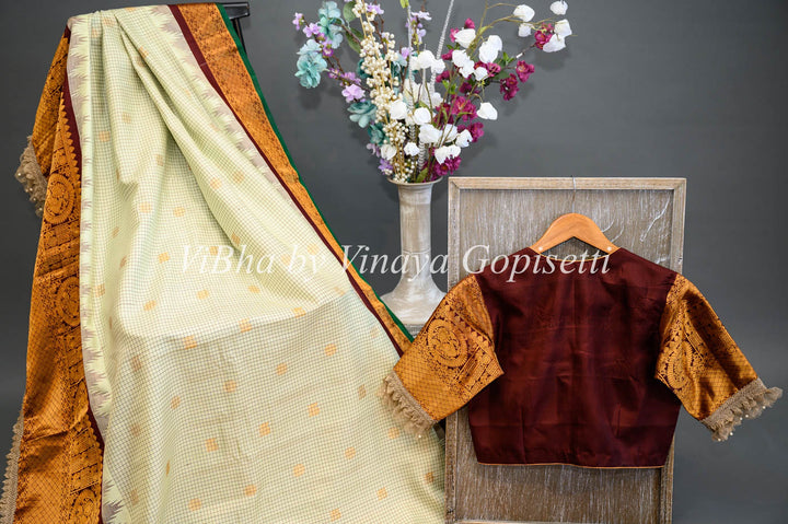 Sarees - Pista Green And Dark Brown Gadwal Silk Saree And Blouse With Embroidered Borders