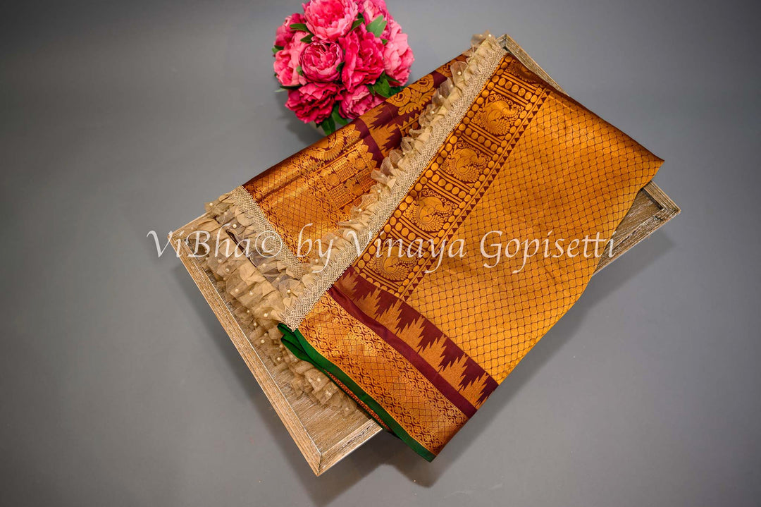Sarees - Pista Green And Dark Brown Gadwal Silk Saree And Blouse With Embroidered Borders
