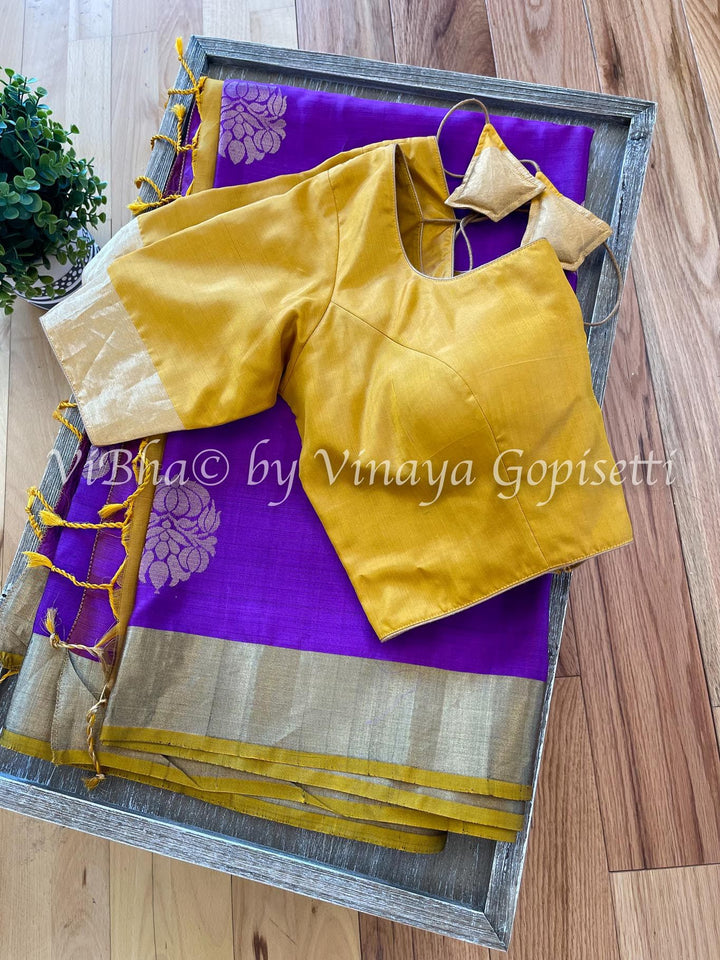 Sarees - Purple And Yellow Kaddi Border Kanchi Soft Silk Saree