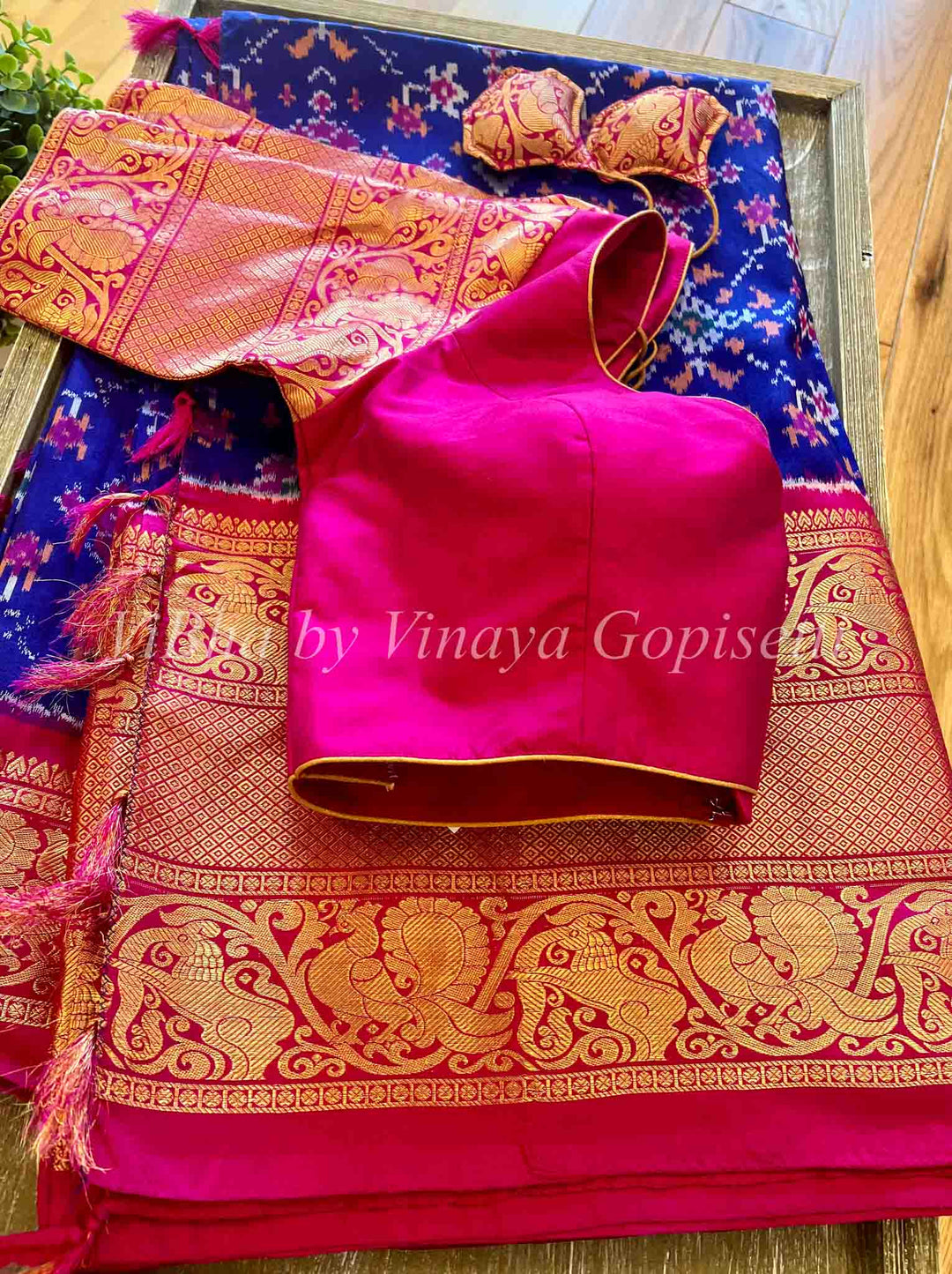 Sarees - Royal Blue - Rani Pink Ikkat Silk Sarees