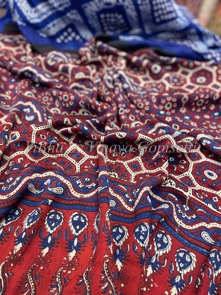 Sarees - Royal Blue & Red Ajrakh Modal Bandhani - Sibori Silk Saree