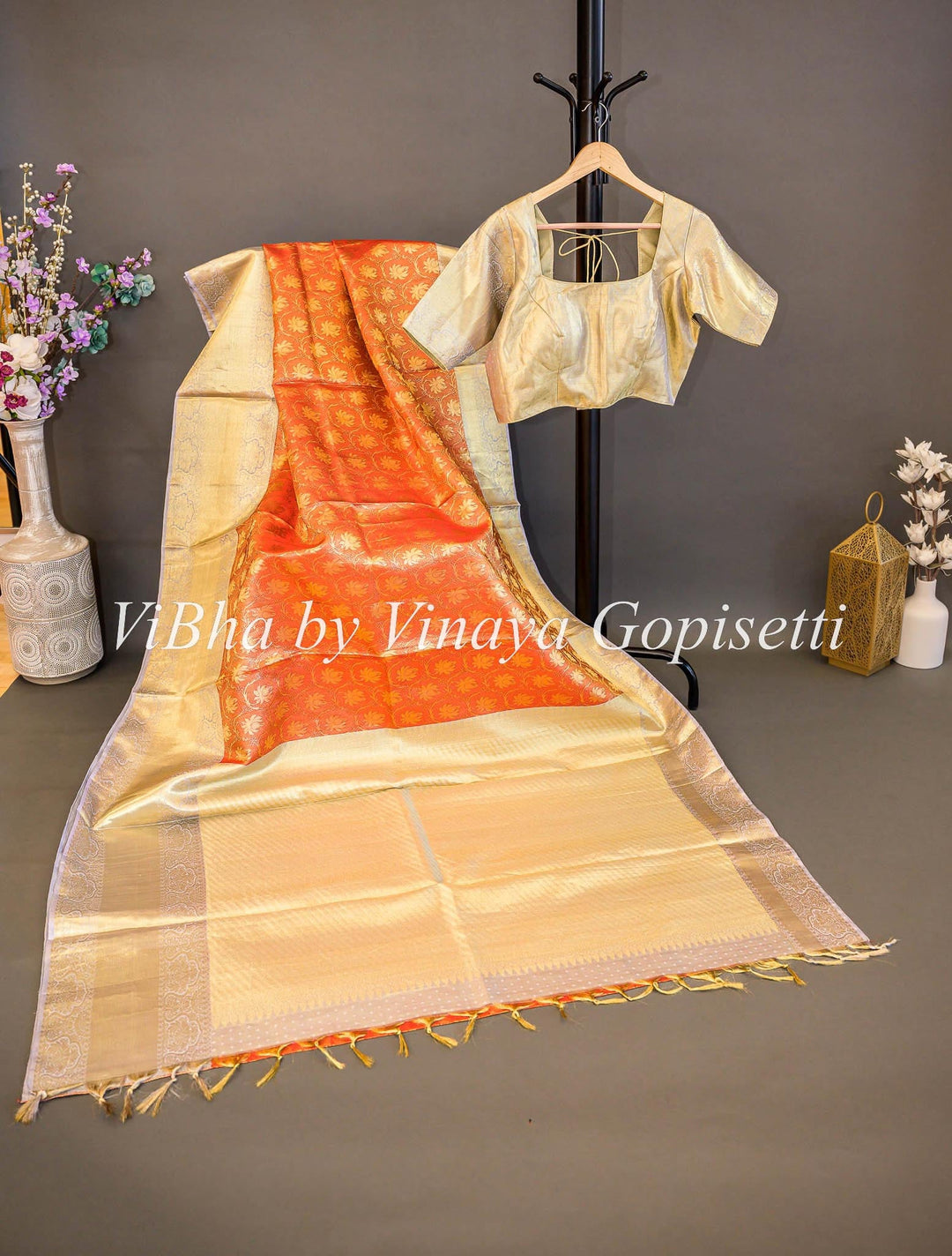 Sarees - Rust And Light Pastel Gold Tissue Kanchi Silk Saree
