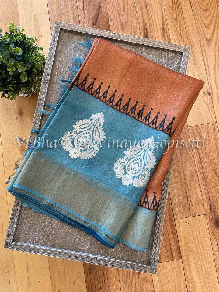 Sarees - Rust & Blue Tussar Silk Block Print Saree