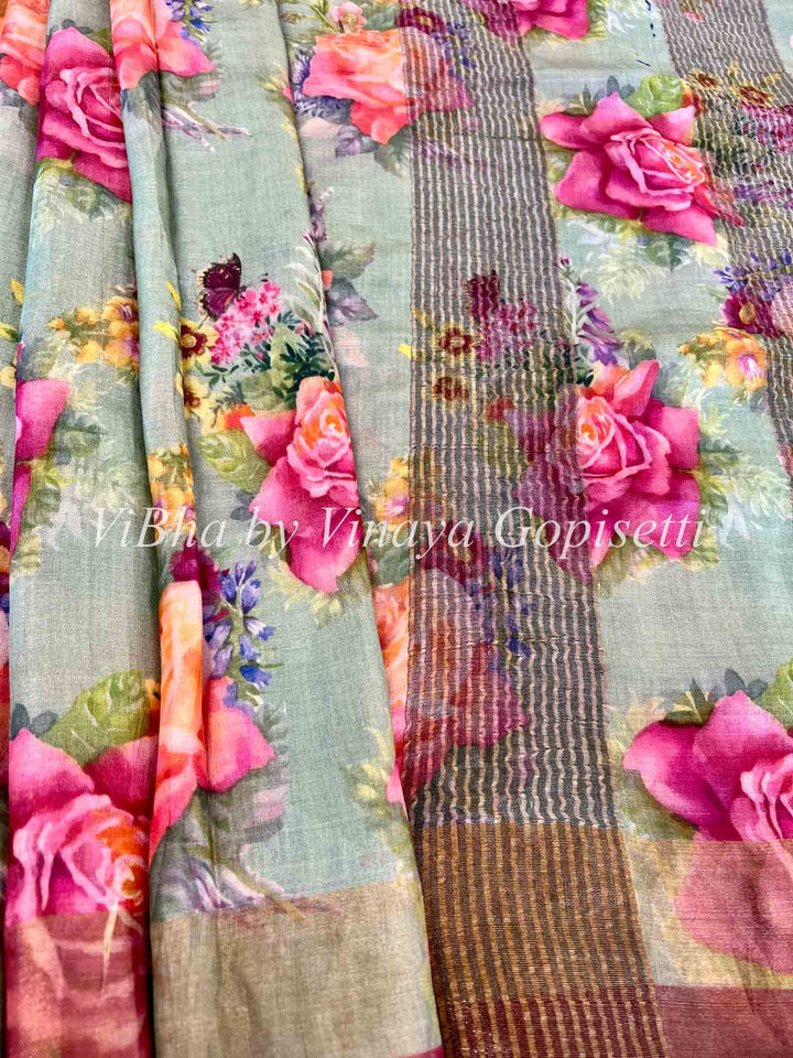 Sarees - Sage Green Floral Block Print Tussar Silk Saree