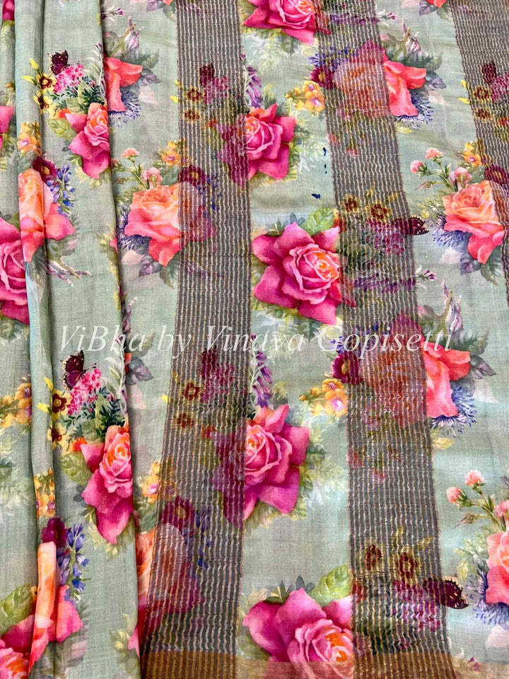 Sarees - Sage Green Floral Block Print Tussar Silk Saree