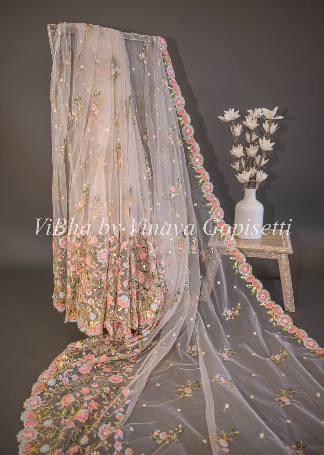 Sarees - Silver Pink Net Floral Embroidered Saree And Blouse
