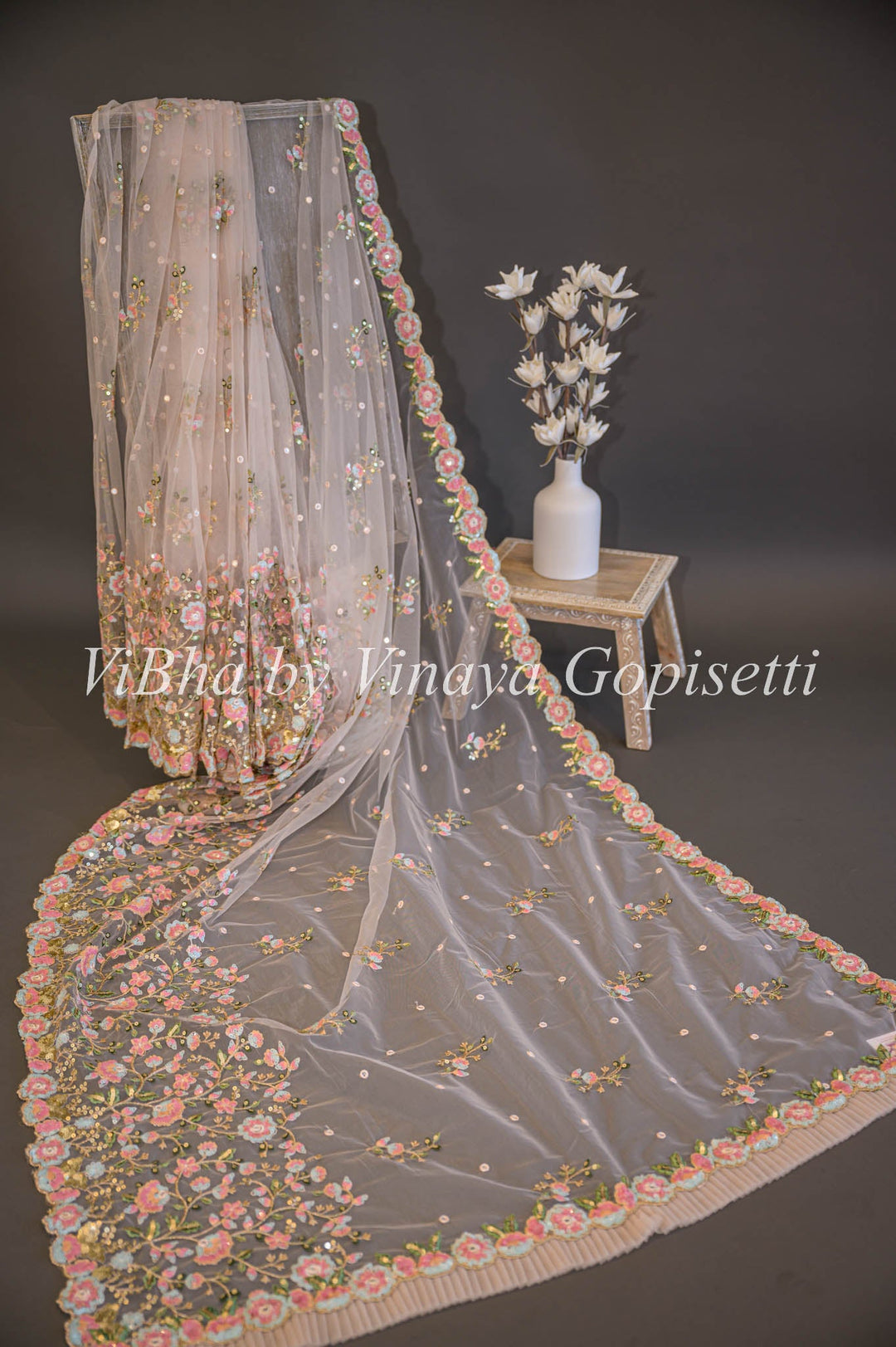 Sarees - Silver Pink Net Floral Embroidered Saree And Blouse