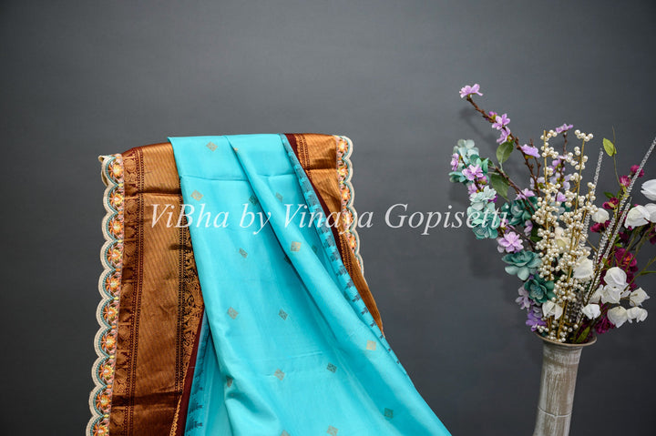 Sarees - Sky Blue And Dark Brown Gadwal Silk Saree And Blouse With Embroidered Borders