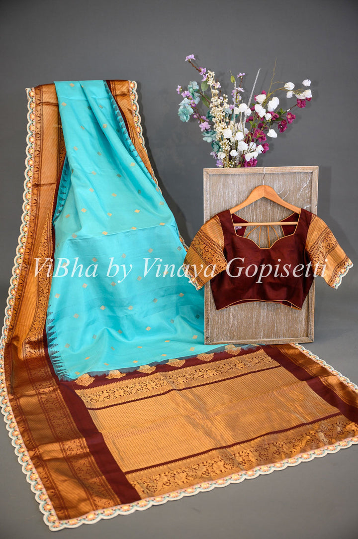 Sarees - Sky Blue And Dark Brown Gadwal Silk Saree And Blouse With Embroidered Borders
