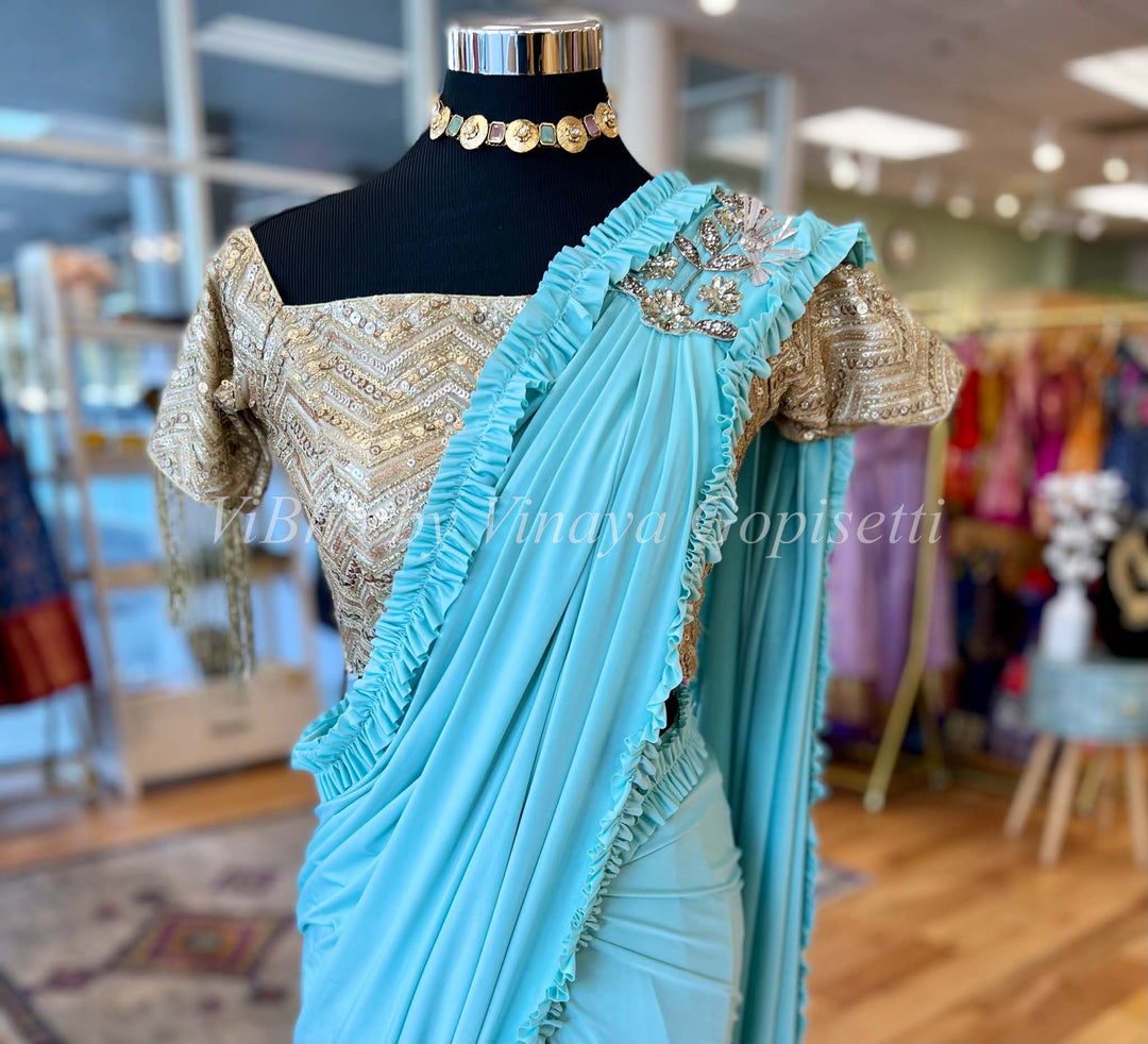 Sarees - Sky Blue And Gold Blouse Pre-Pleated Saree