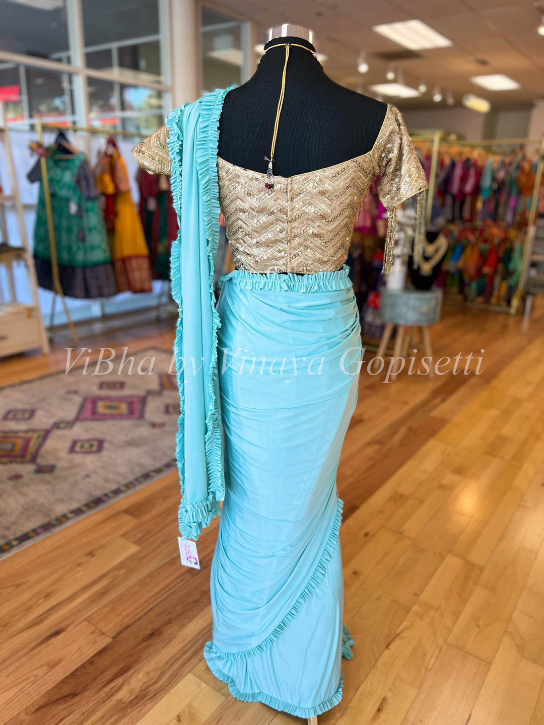 Sarees - Sky Blue And Gold Blouse Pre-Pleated Saree