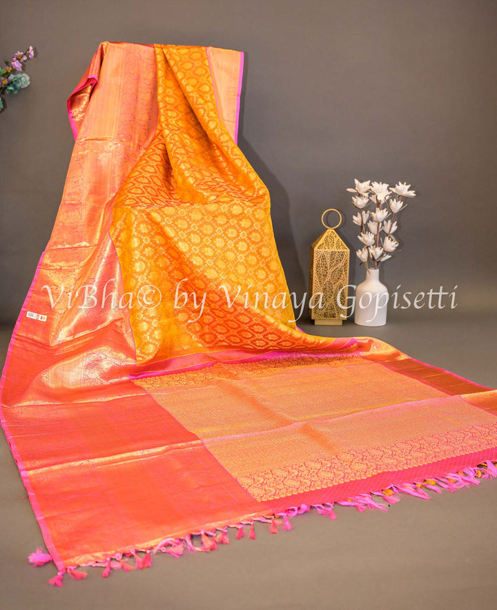 Sarees - Tangerine And Rani Pink All Over Design Kanchi Silk Saree