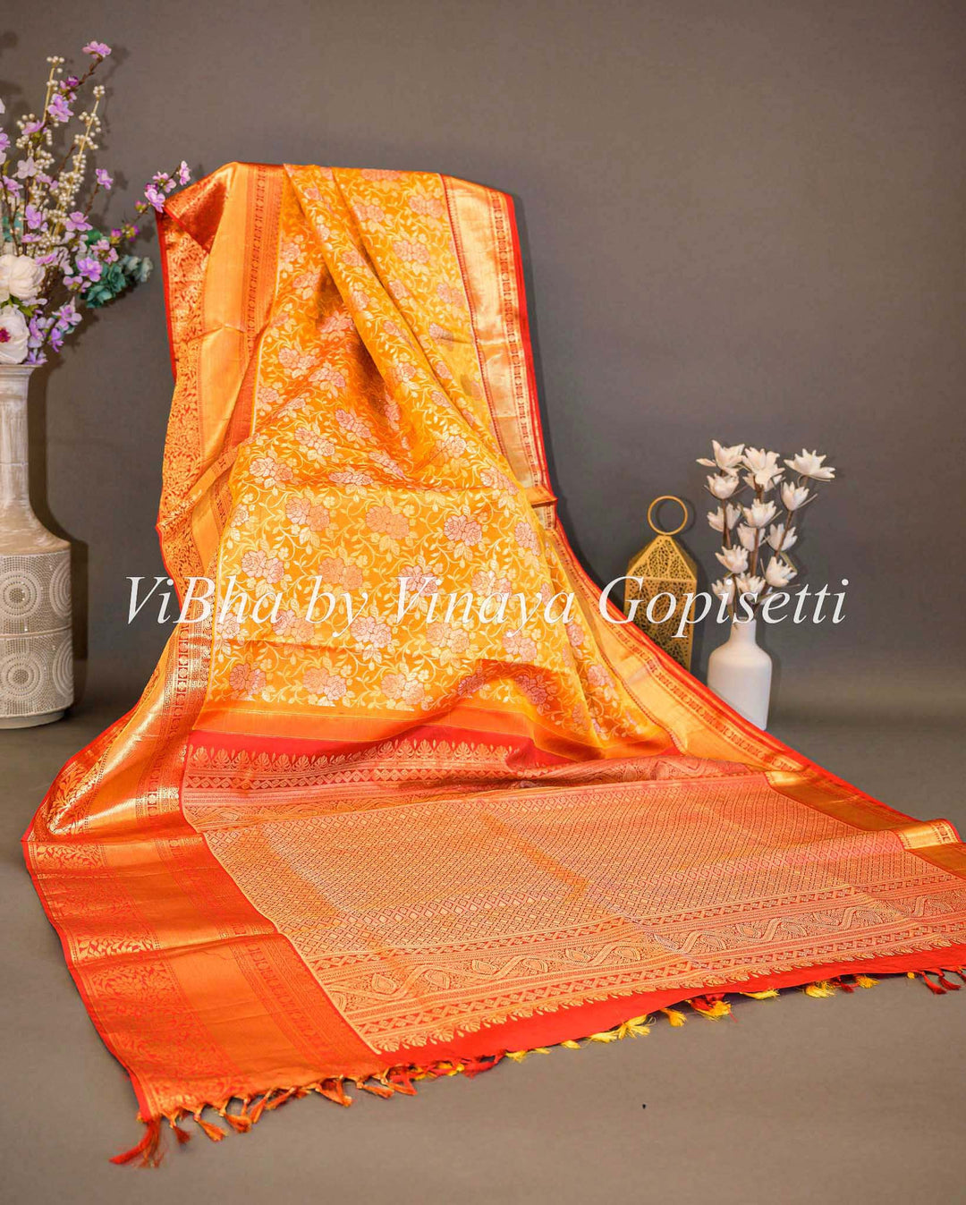 Sarees - Tangerine And Red All Over Design Kanchi Silk Saree