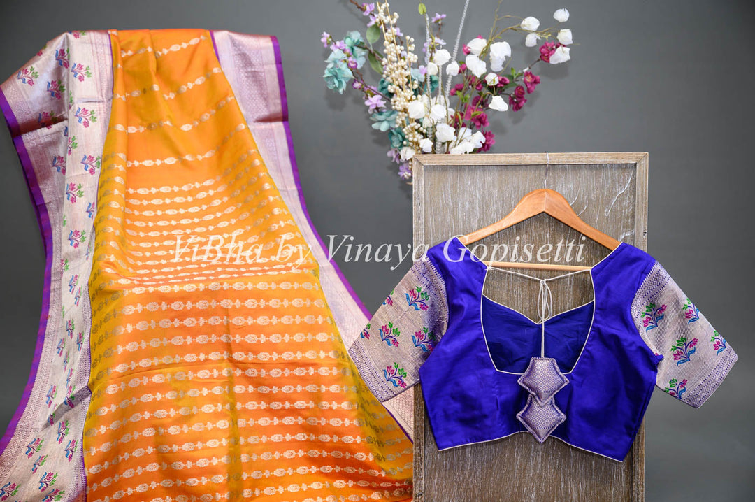 Sarees - Tangerine And Royal Blue Combination Venkatagiri Silk Saree And Blouse