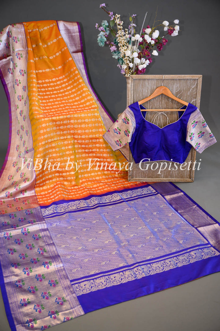 Sarees - Tangerine And Royal Blue Combination Venkatagiri Silk Saree And Blouse