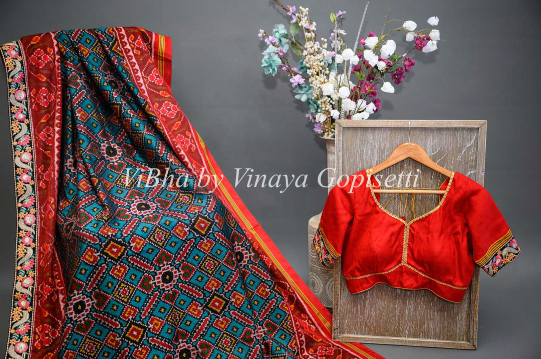Sarees - Teal And Red Single Ikkat Patola Saree And Blouse With Embroidered Borders