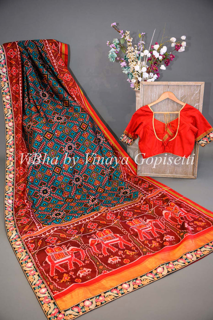 Sarees - Teal And Red Single Ikkat Patola Saree And Blouse With Embroidered Borders
