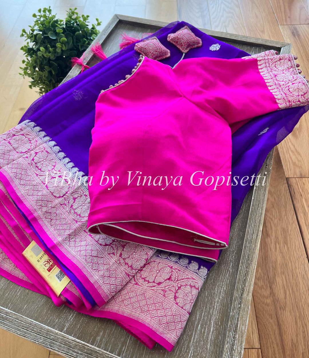 Sarees - Violet And Pink Banarasi Chiffon Silk Saree