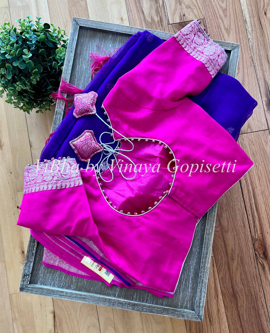 Sarees - Violet And Pink Banarasi Chiffon Silk Saree