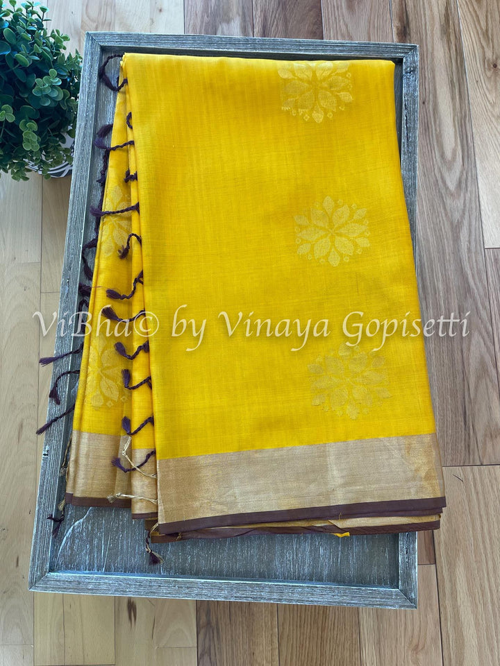 Sarees - Yellow And Brown Kaddi Border Kanchi Soft Silk Saree