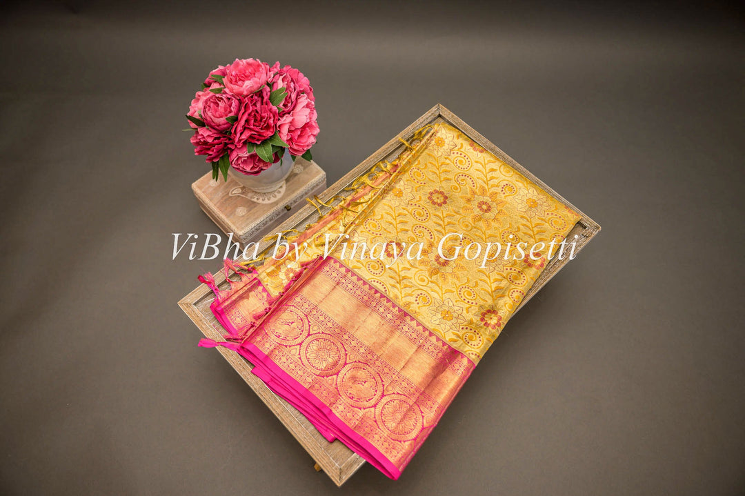 Sarees - Yellow And Rani Pink All Over Design Kanchi Silk Saree