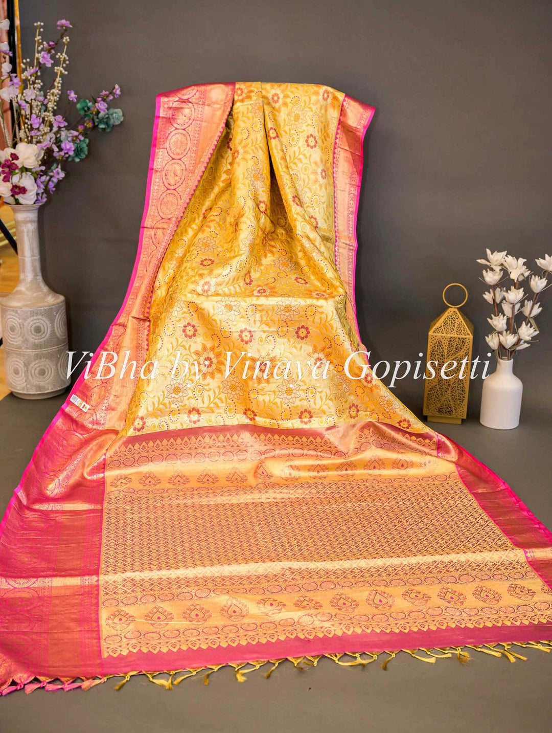Sarees - Yellow And Rani Pink All Over Design Kanchi Silk Saree