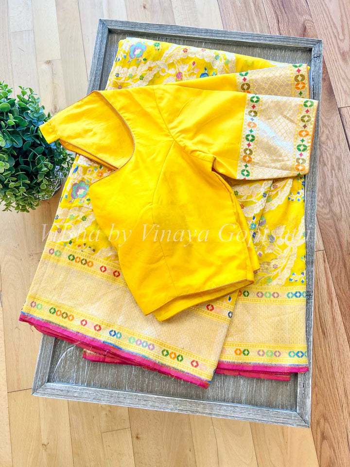 Sarees - Yellow Meenakari Jungla Weave Banarasi Saree