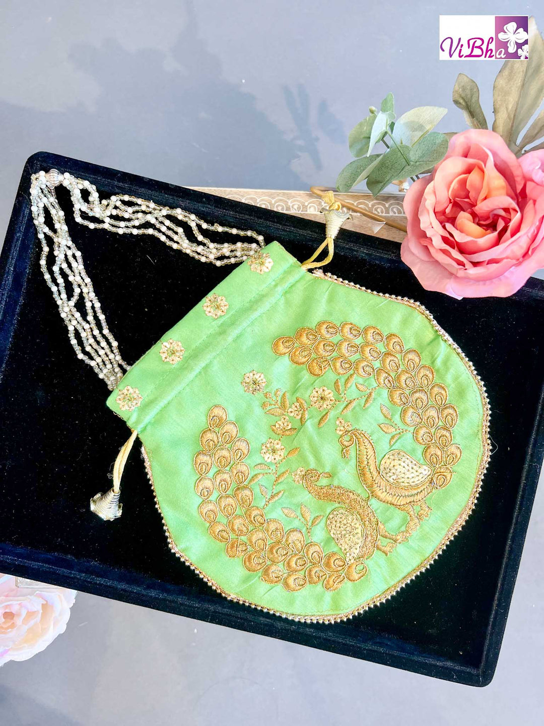 Vibha Accessories - Peacock Motif Gota Patti Potli Bag
