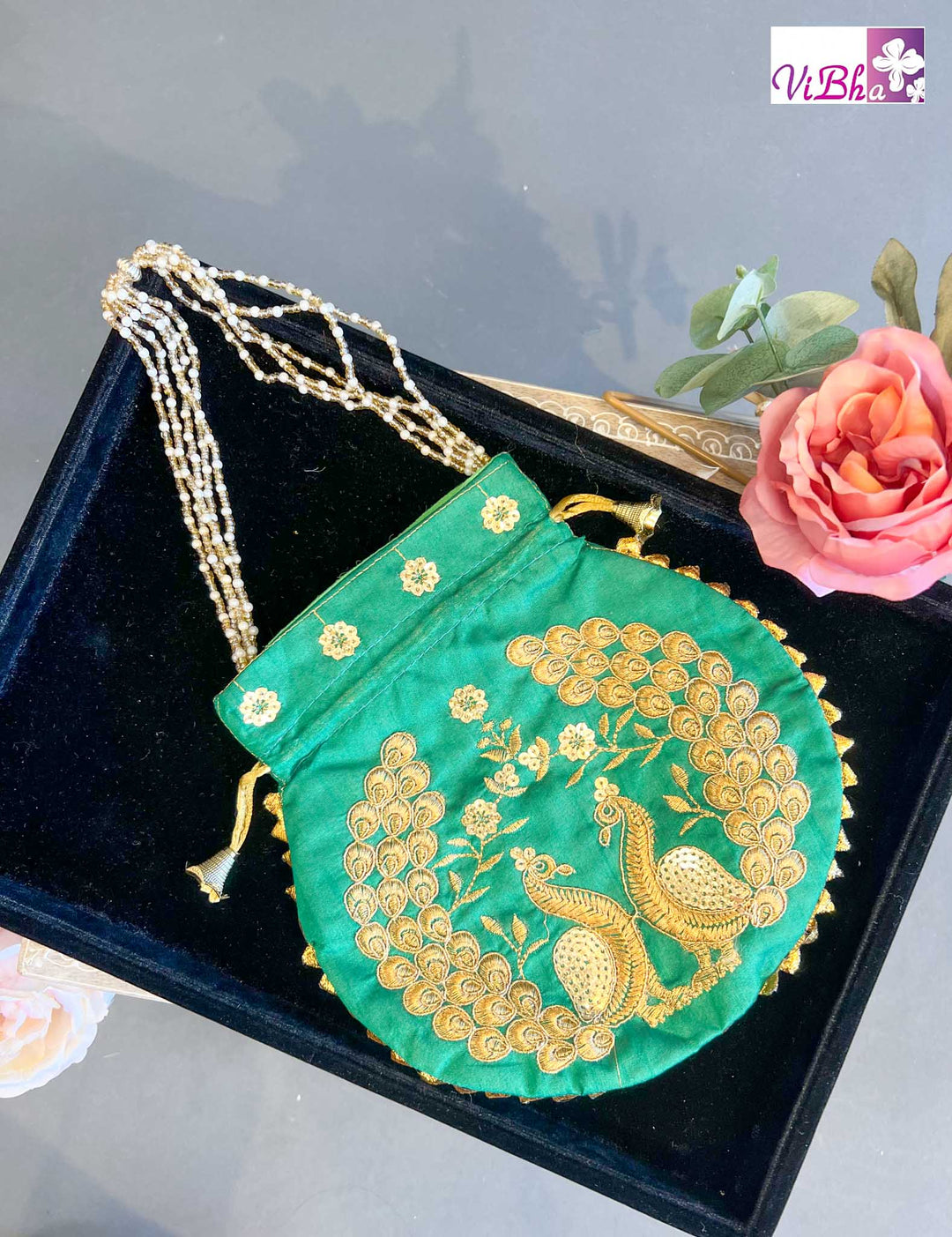 Vibha Accessories - Peacock Motif Gota Patti Potli Bag