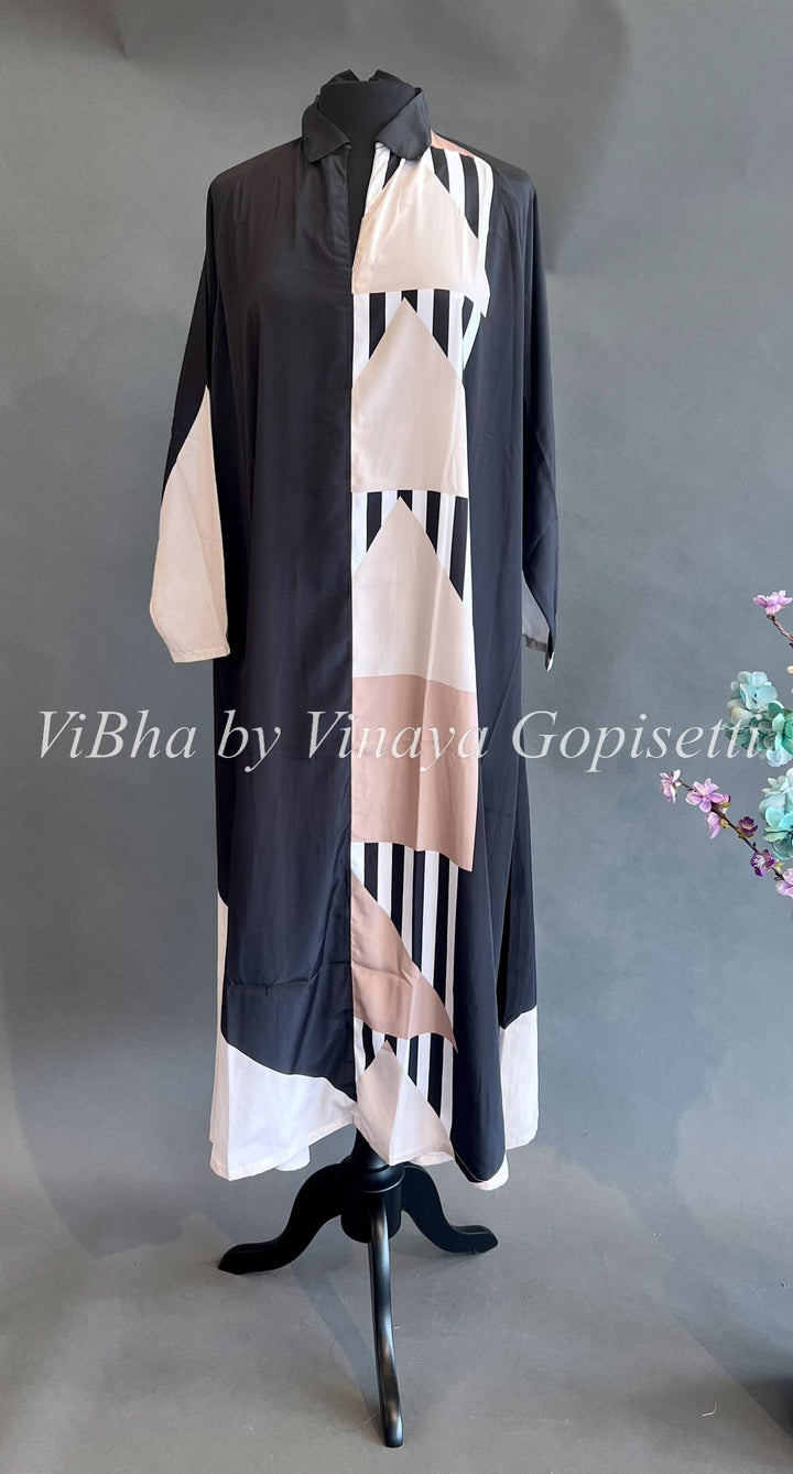 Womens Kurta - Black And Beige Crepe Printed Full Length Collared Top