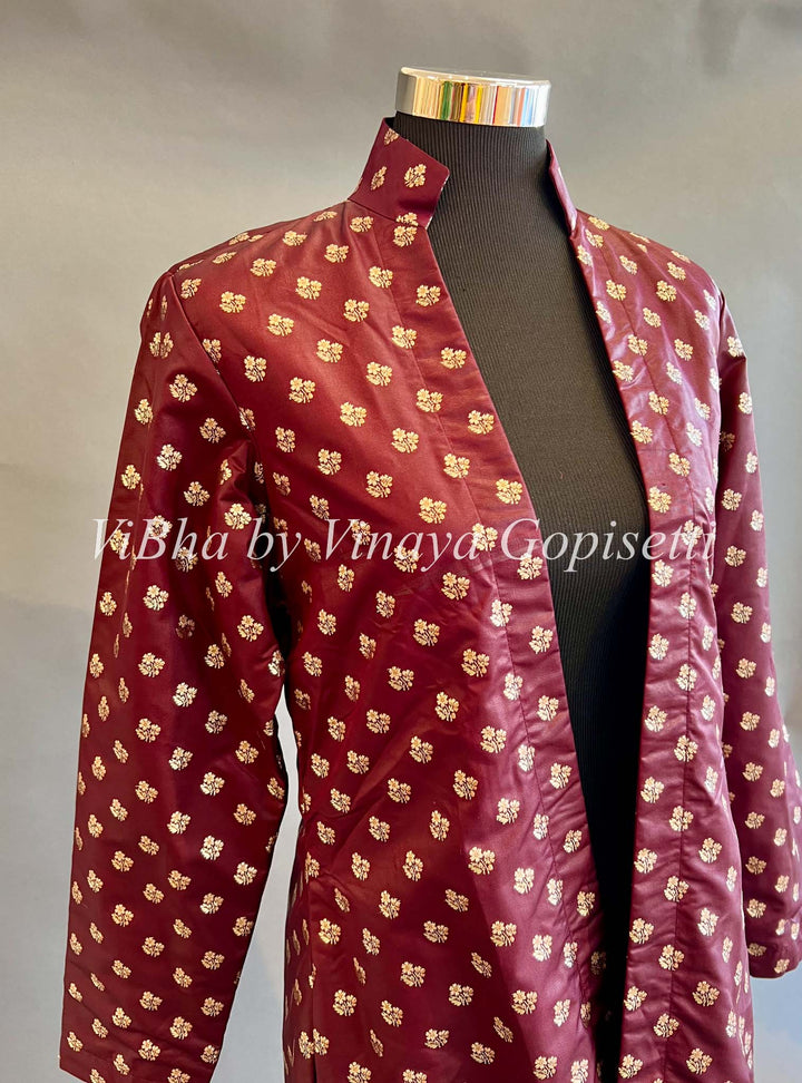 Womens Kurta - Brown Banaras Silk Long Length Cardigan