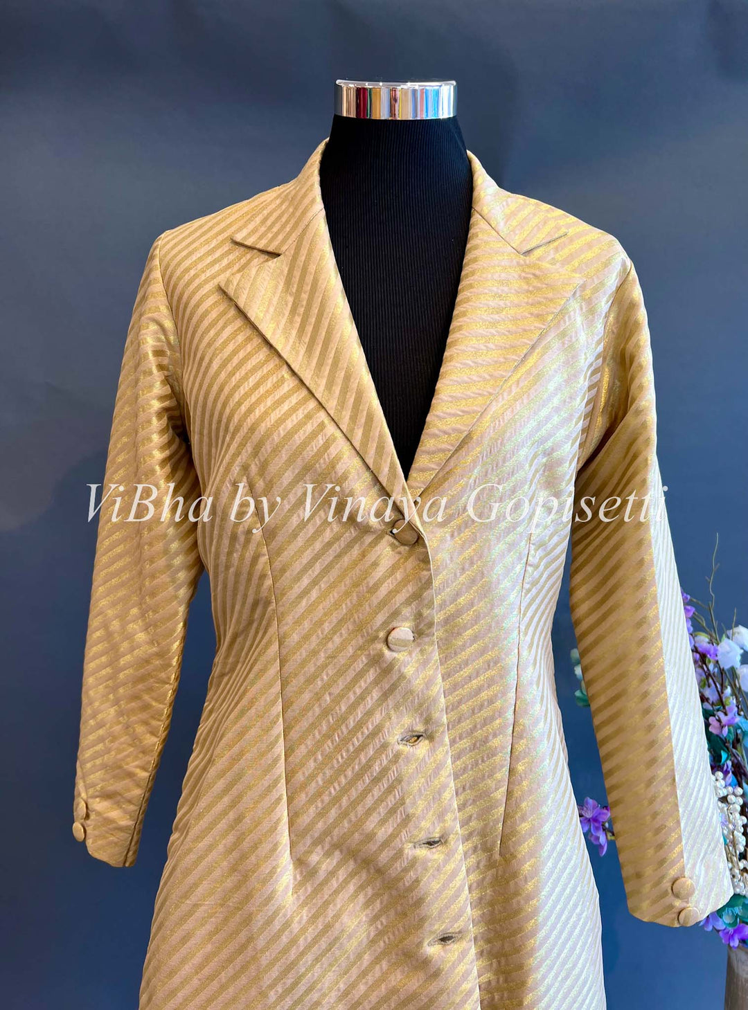 Womens Kurta - Gold Banarasi Silk Long Length Jacket
