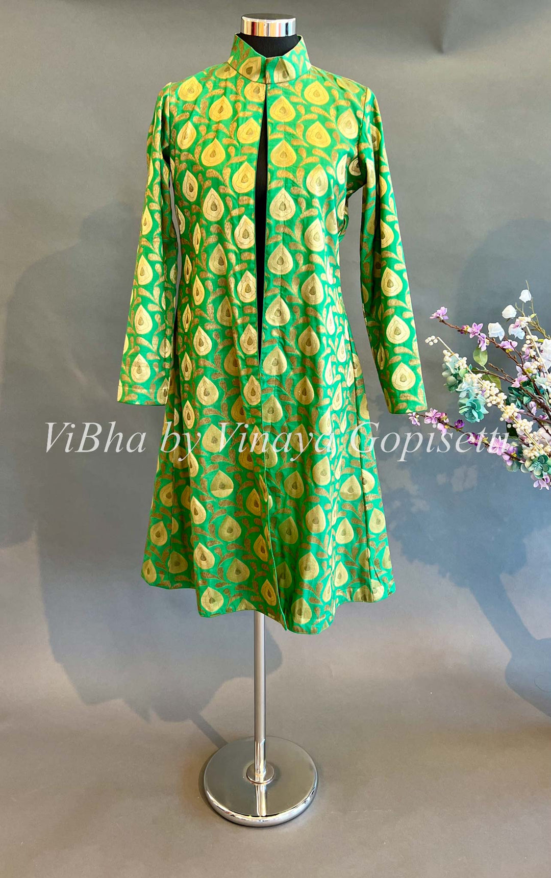 Womens Kurta - Green Collared Style Long Banarasi Silk Cardigan