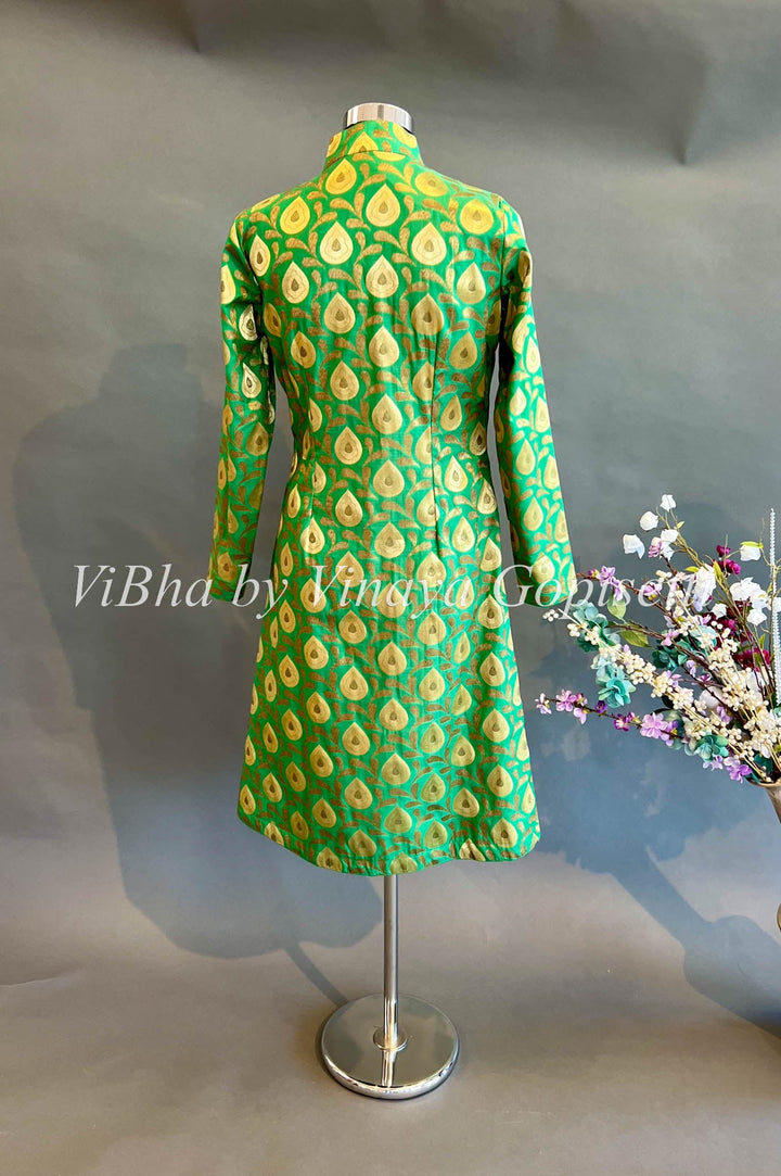 Womens Kurta - Green Collared Style Long Banarasi Silk Cardigan