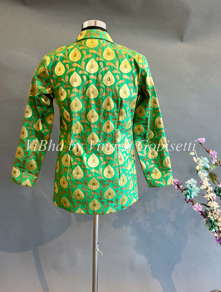 Womens Kurta - Green Jacket Style Banarasi Silk Cardigan
