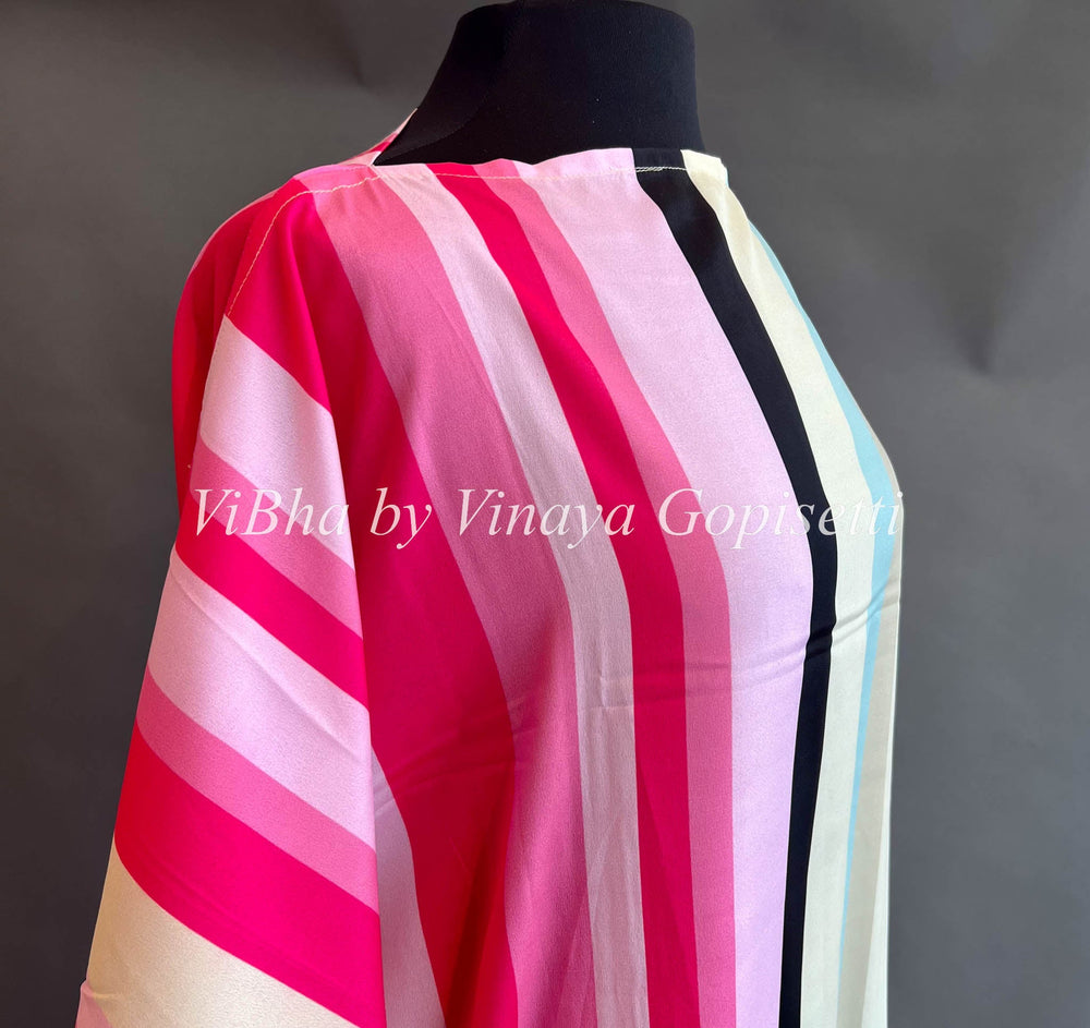 Womens Kurta - Pastel Pink And Green Vertical Lines Printed Crepe Kaftan