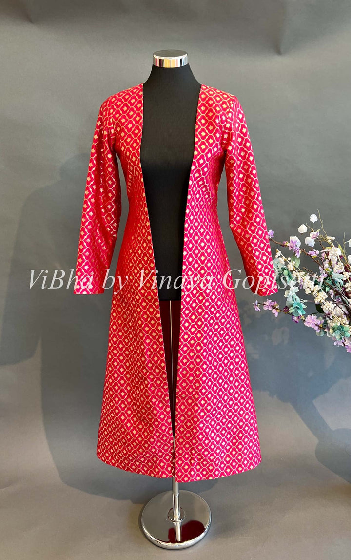 Womens Kurta - Red Banaras Silk Long Length Cardigan