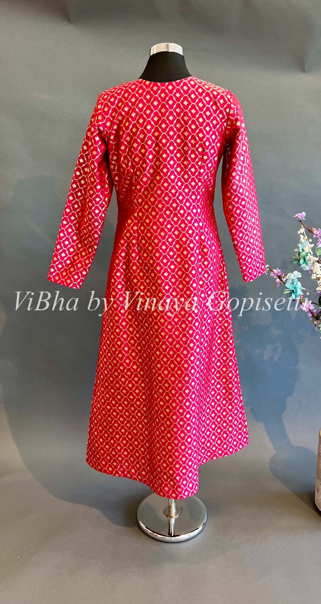 Womens Kurta - Red Banaras Silk Long Length Cardigan