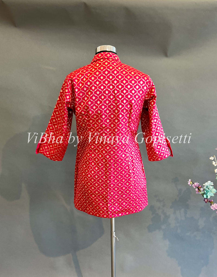 Womens Kurta - Red Jacket Style Banarasi Silk Cardigan